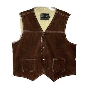 Sears The Leather Shop Mens Lg Vest VTG Suede Button Sherpa Western Medium Brown